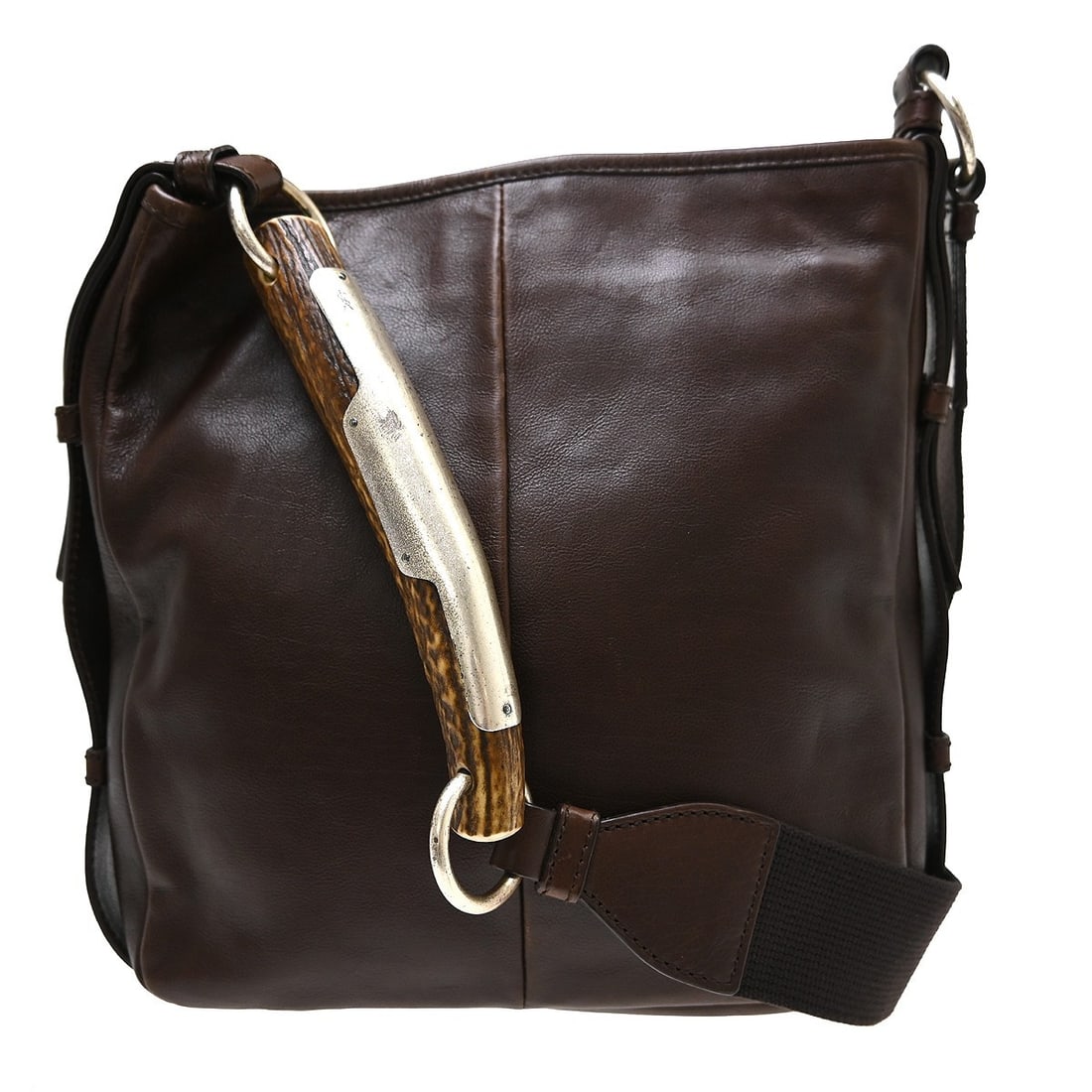 Saint Laurent Mombasa Brown Buffalo Leather Shoulder Bag: Saint Laurent Mombasa Brown Buffalo Leather Shoulder Bag This Yves Saint Laurent Mombasa shoulder bag is crafted from water buffalo leather in brown with silver-tone hardware. It features a medium siz