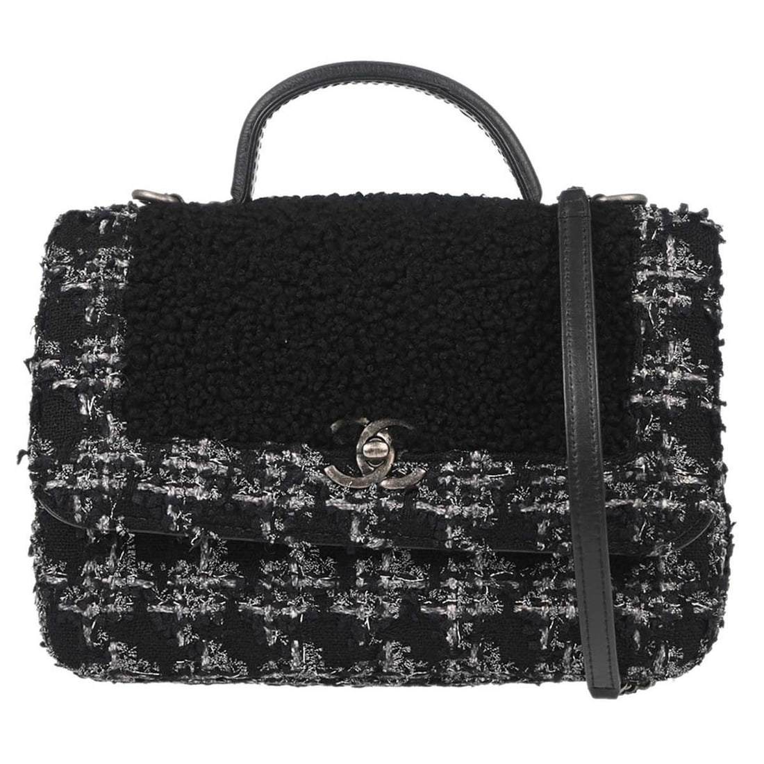CHANEL 2way Top Handle Bag Black Tweed Shearling Medium: CHANEL 2way Top Handle Bag Black Tweed Shearling Medium Medium Chanel 2way top handle handbag in black tweed with shierling trim. This women's bag features a turn lock closure, logo accent, leather li