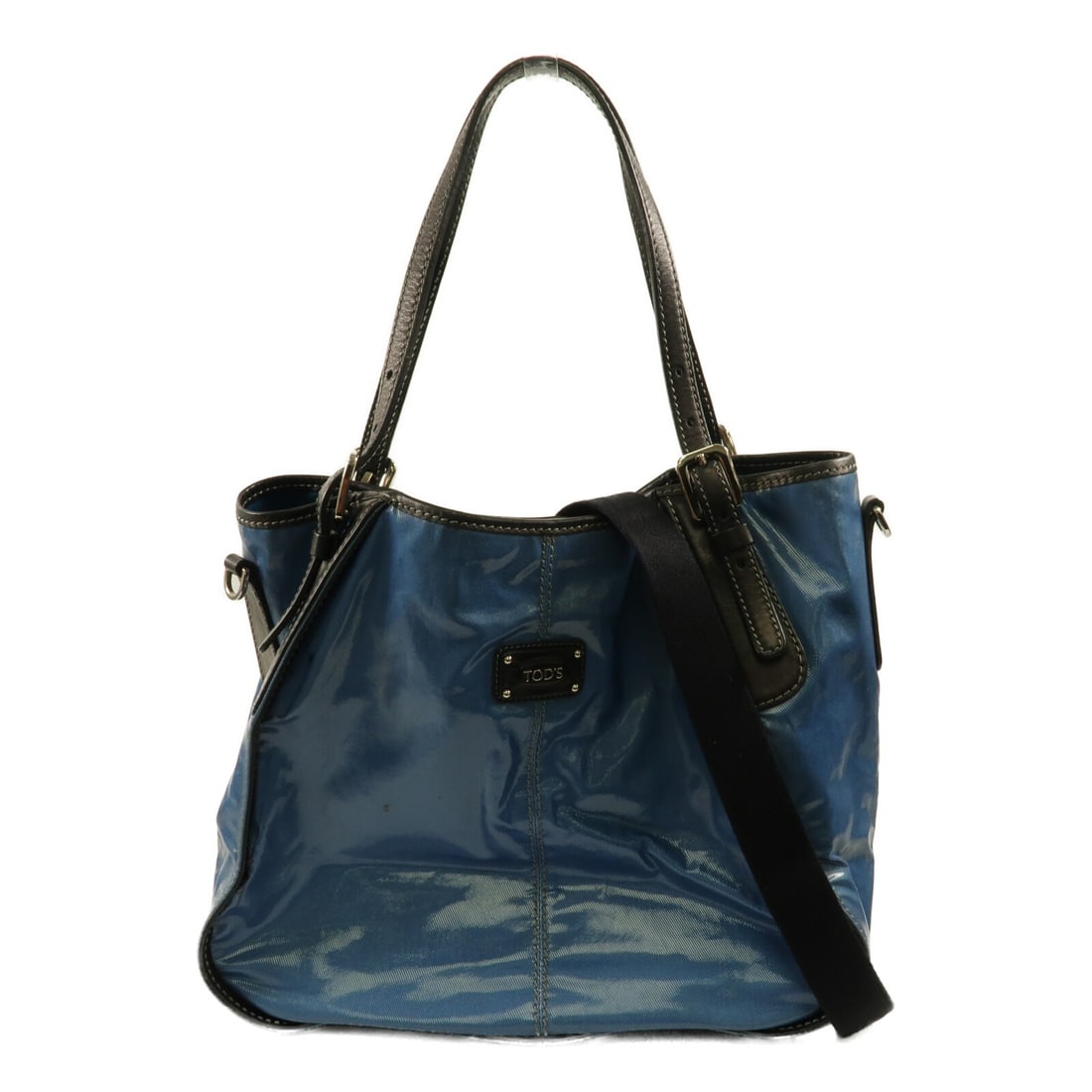 TOD'S Blue PVC 2 Way Shoulder Bag with Strap: TOD'S Blue PVC 2 Way Shoulder Bag with Strap This TOD'S 2-way shoulder bag is crafted in blue PVC with a matching blue interior. It features a hook button closure, two open interior compartments, and 