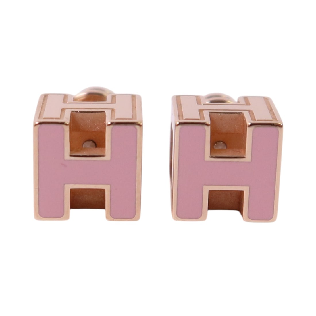 Hermes H Cube Enamel Metal Earrings Pink Gold Tone: Hermes H Cube Enamel Metal Earrings Pink Gold Tone HERMES H Cube earrings in pink and gold, crafted from metal and enamel. The listing includes a storage box and the item is described as Very Good con