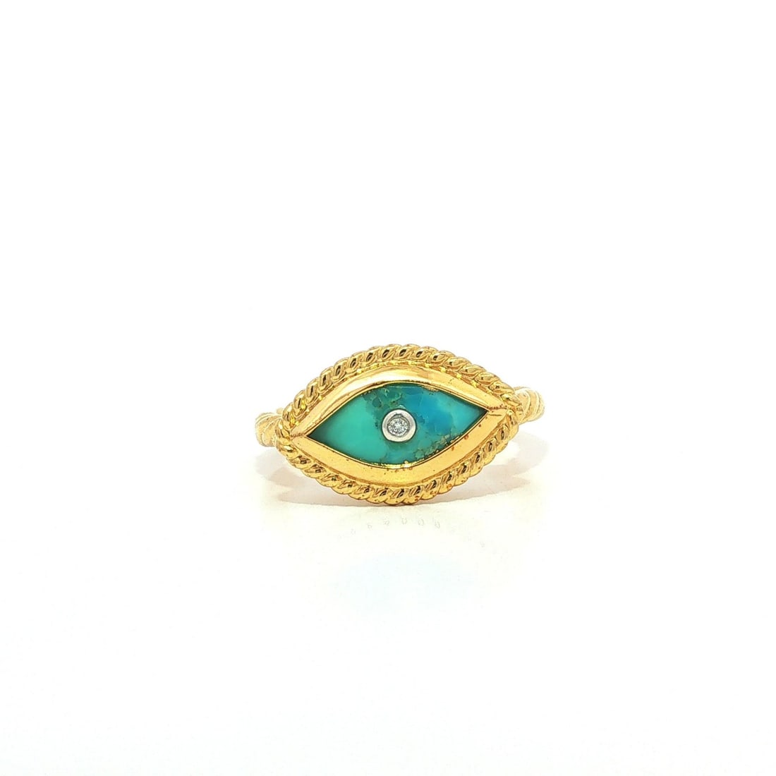 Gold Plated Sterling Silver Ring Marquise Turquoise Diamond Size 6: Gold Plated Sterling Silver Ring Marquise Turquoise Diamond Size 6 Eye-shaped cocktail ring featuring a marquise-cut natural turquoise accented by a round brilliant natural diamond in bezel settings. 