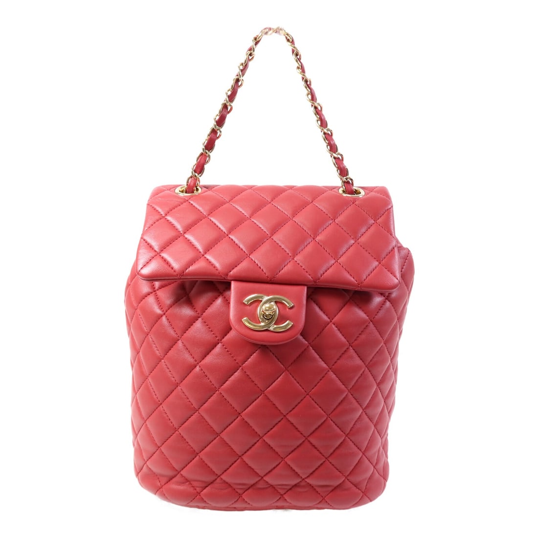 CHANEL CC Rucksack Backpack Red Lambskin Leather Chain GHW: CHANEL CC Rucksack Backpack Red Lambskin Leather Chain GHW CHANEL rucksack backpack in red lambskin (sheep leather) with a chain detail and turn-lock closure. Designed for women, it features one outsi