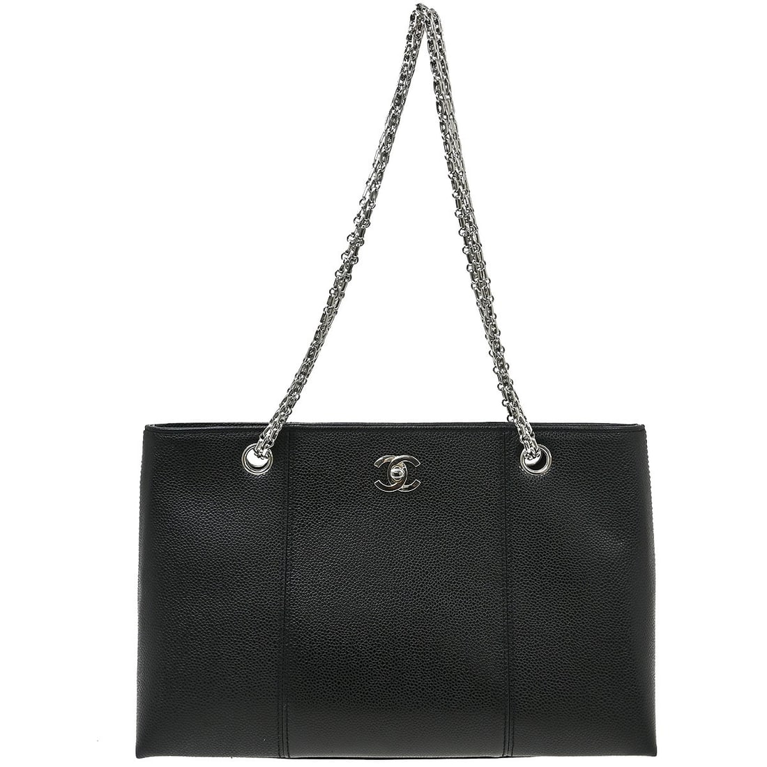 CHANEL CC Chain Tote in Black Caviar Leather: CHANEL CC Chain Tote in Black Caviar Leather Black Chanel tote bag in caviar skin leather with a logo accent and double handles. It features inner pockets, including two zipper pockets inside, and is 