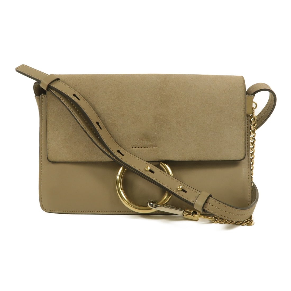 Chloe Faye shoulder bag in gray calfskin and suede: Chloe Faye shoulder bag in gray calfskin and suede A Chloe Faye Chain Shoulder Bag in gray, crafted from calfskin (cowhide) and suede. It features a chain shoulder strap, a magnetic pocket, and four o