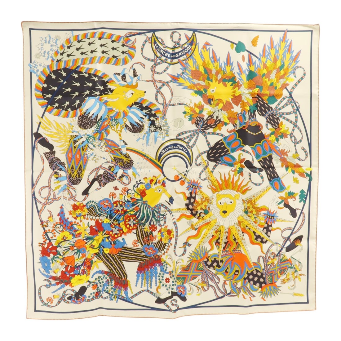Hermes Silk Scarf 90x90cm Gray Multicolor France: Hermes Silk Scarf 90x90cm Gray Multicolor France Hermes silk scarf in gray and multicolor, designed in a 90 x 90 cm square format. It is listed for women in regular size and comes with a storage box. 