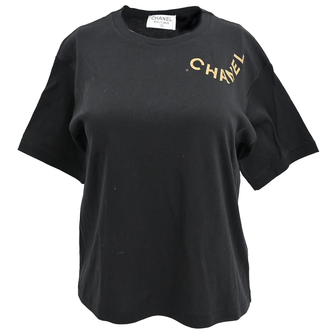 CHANEL Black Short Sleeve T Shirt Round Neck Womens Top: CHANEL Black Short Sleeve T Shirt Round Neck Womens Top Chanel women's short sleeve top in black, designed with a round neck and casual styling. It is a regular-size T-shirt/top from France, with a wa