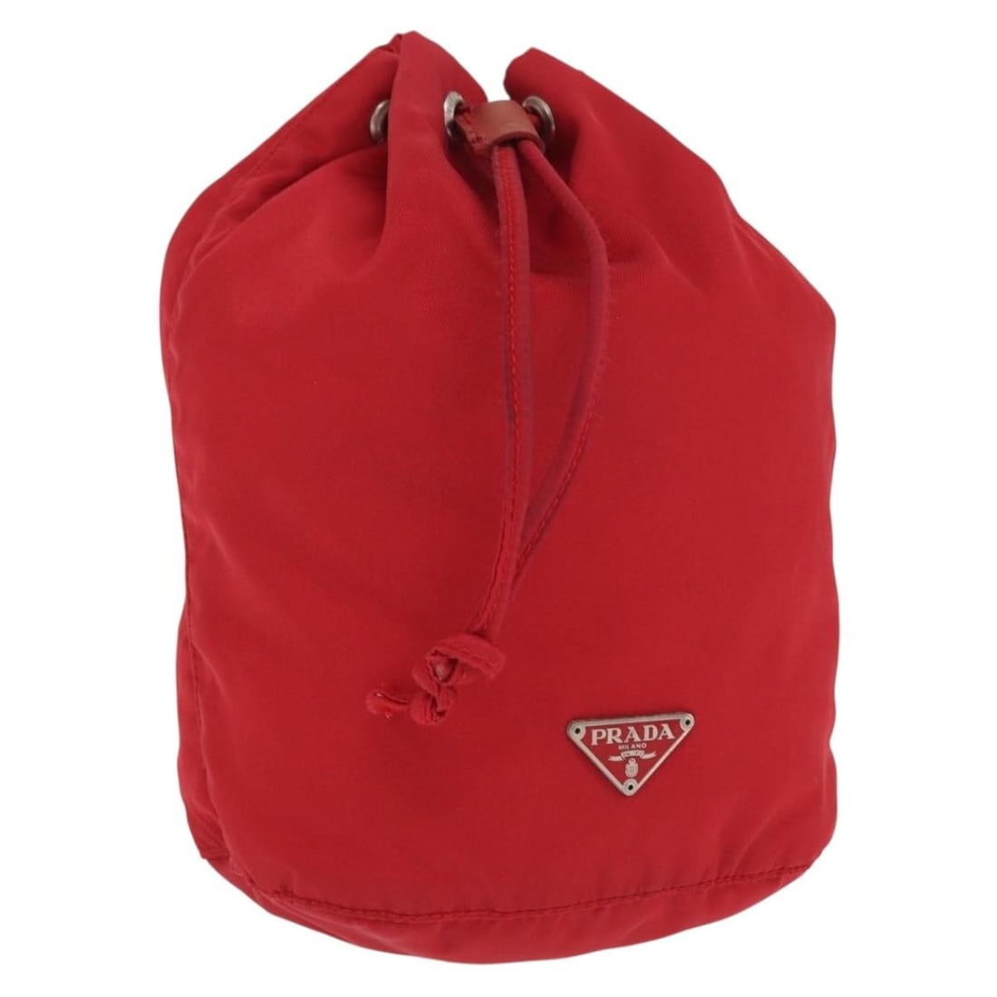 Red Nylon PRADA Drawstring Pouch Bag Made in Italy: Red Nylon PRADA Drawstring Pouch Bag Made in Italy This PRADA drawstring pouch is crafted from red nylon and features a practical and stylish design. Made in Italy, it offers a compact shape suitable 