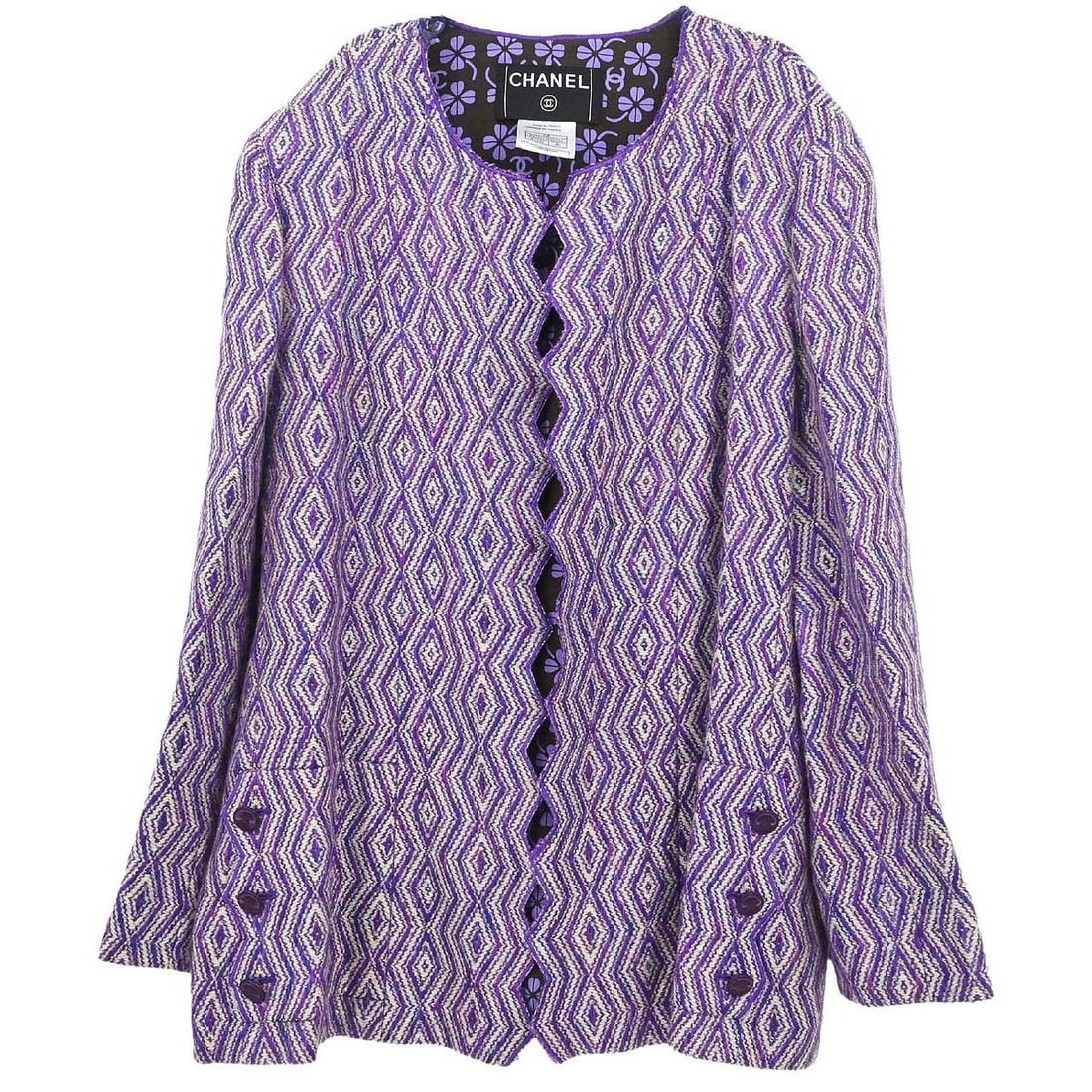 CHANEL Purple Collarless Mid Length Jacket Size 40 France: CHANEL Purple Collarless Mid Length Jacket Size 40 France Vintage Chanel collarless jacket in purple with a mid-length silhouette, long sleeves, and front button closure. This women's basic jacket is 