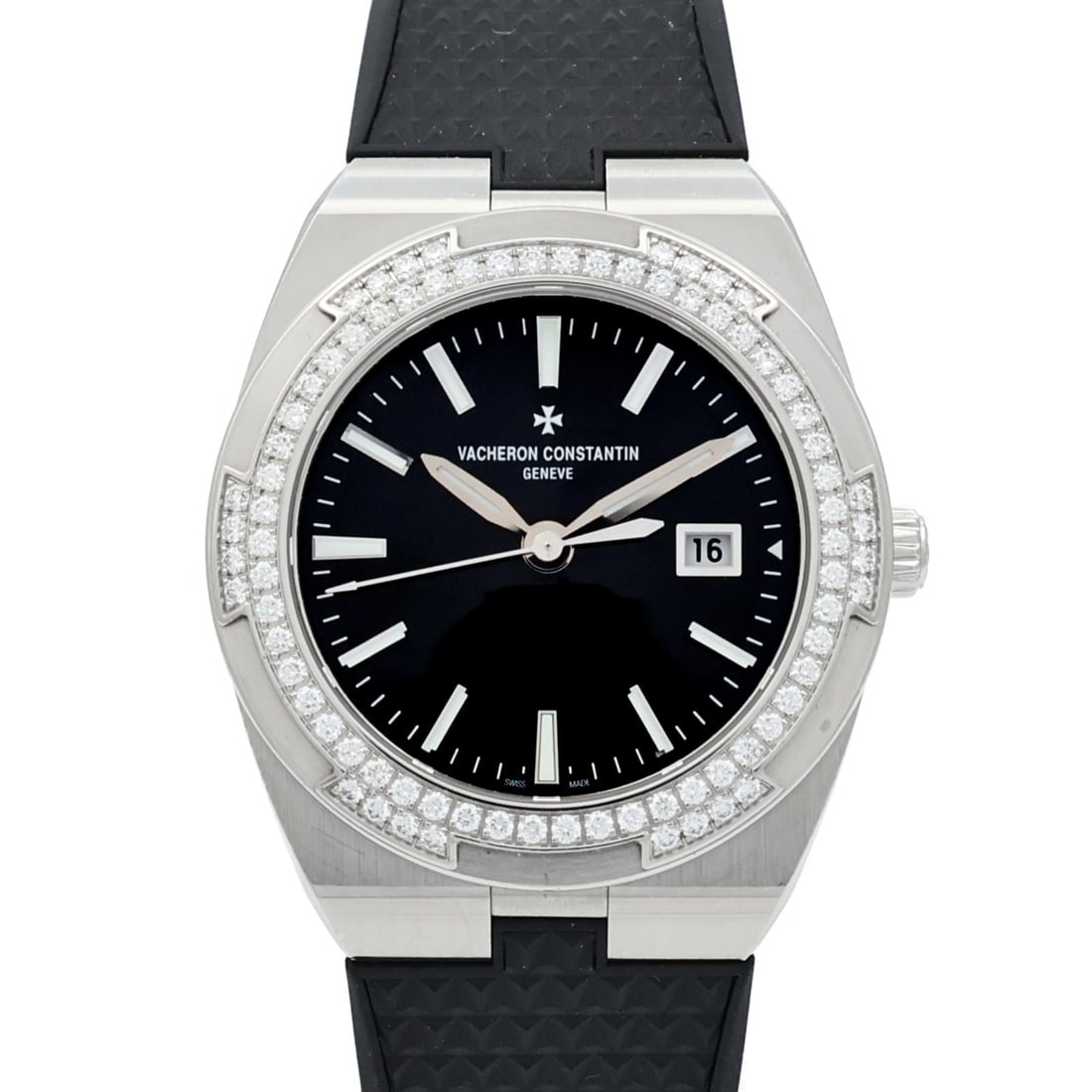 Vacheron Constantin 1205V 100A-B591 Overseas quartz stainless steel diamond watch: Vacheron Constantin 1205V 100A-B591 Overseas quartz stainless steel diamond watch Vacheron Constantin Overseas Quartz Watch, model 1205V/100A-B591, with a black dial and a stainless steel case. It fea