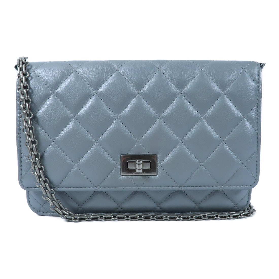 CHANEL WOC Shoulder Bag Silver Calfskin CC SHW: CHANEL WOC Shoulder Bag Silver Calfskin CC SHW CHANEL Wallet On Chain shoulder bag in silver calfskin (cowhide) leather, made in France. This WOC features a turn lock closure, silver frame color, and 