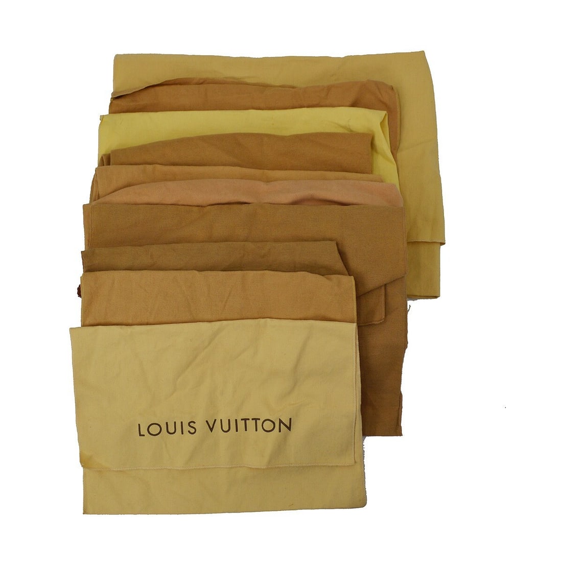 Set of 10 Louis Vuitton cotton dust bags in brown beige: Set of 10 Louis Vuitton cotton dust bags in brown beige Set of 10 Louis Vuitton dust bags in brown and beige, made from 100% cotton. These unisex dustbags show overall signs of use with reasonable wea