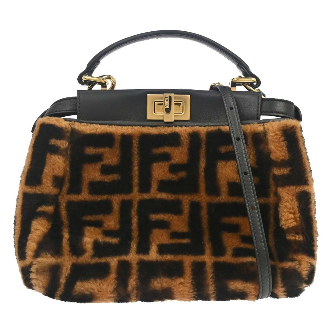 Fendi Zucca Mini 2Way Handbag Mink Fur Leather Shoulder Strap: Fendi Zucca Mini 2Way Handbag Mink Fur Leather Shoulder Strap Fendi Zucca Peekaboo handbag in a mini size, featuring the Fendi Zucca pattern and logo accents. It is a 2-way handbag with double handles