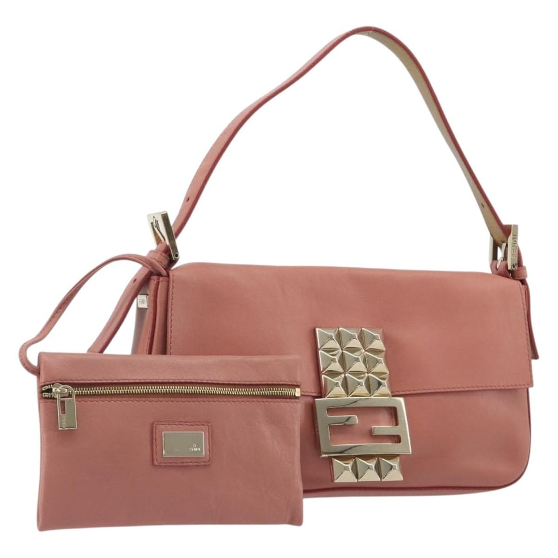 FENDI Mamma Baguette pink leather shoulder bag with studs: FENDI Mamma Baguette pink leather shoulder bag with studs FENDI Mamma Baguette shoulder bag in pink leather with gold-tone exterior details. This women's bag is made in Italy and comes with a dust bag