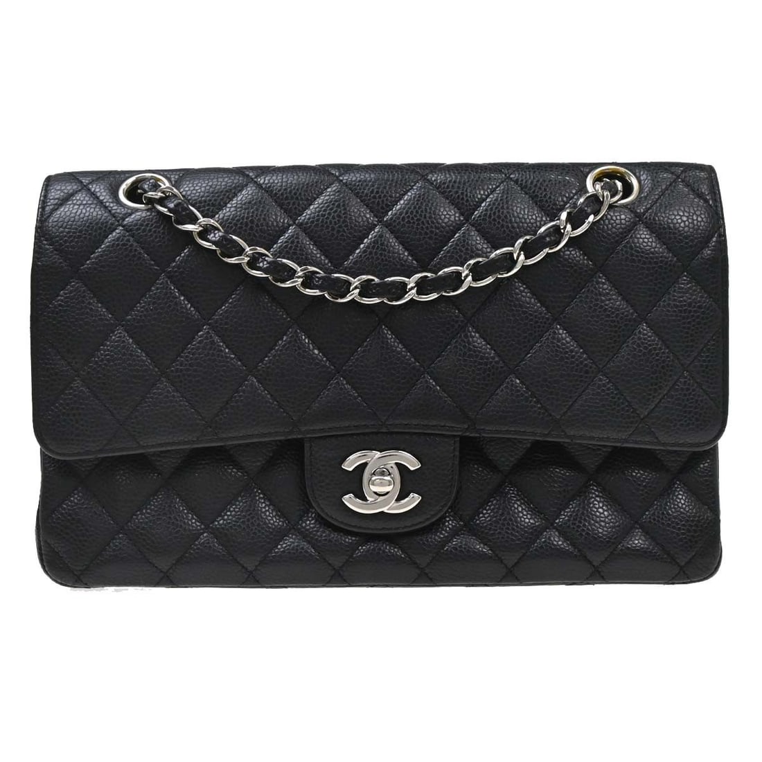 CHANEL Classic Double Flap Medium Shoulder Bag Black Caviar Leather: CHANEL Classic Double Flap Medium Shoulder Bag Black Caviar Leather Chanel Medium Classic Double Flap shoulder bag in black caviar skin leather with a turn-lock closure and shoulder strap. Made in Fra