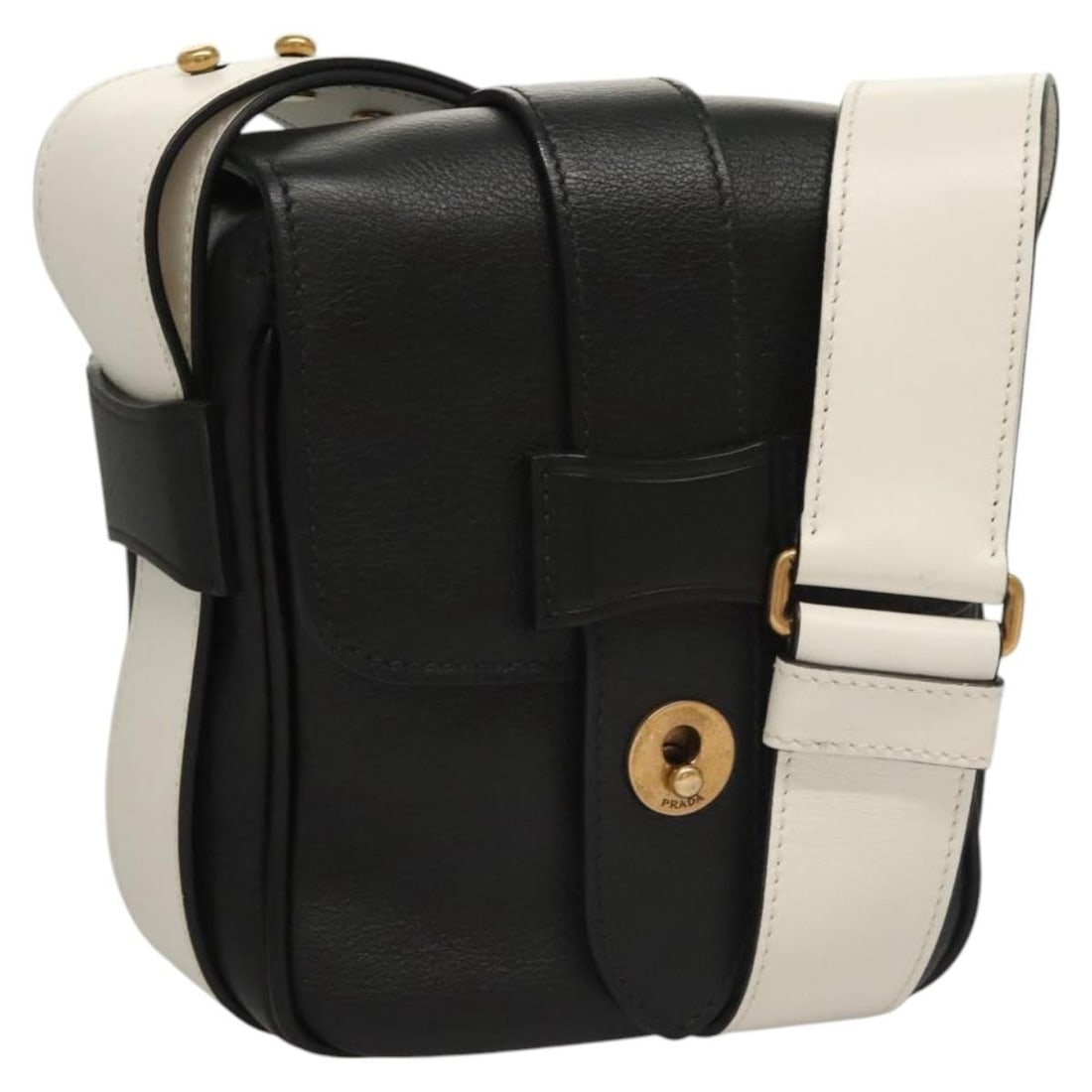 PRADA Leather Shoulder Bag Black White with Dust Bag Card: PRADA Leather Shoulder Bag Black White with Dust Bag Card A Prada shoulder bag in black and white leather, made in Italy. It comes with a dust bag and guarantee card. The bag is ranked AB and is descr
