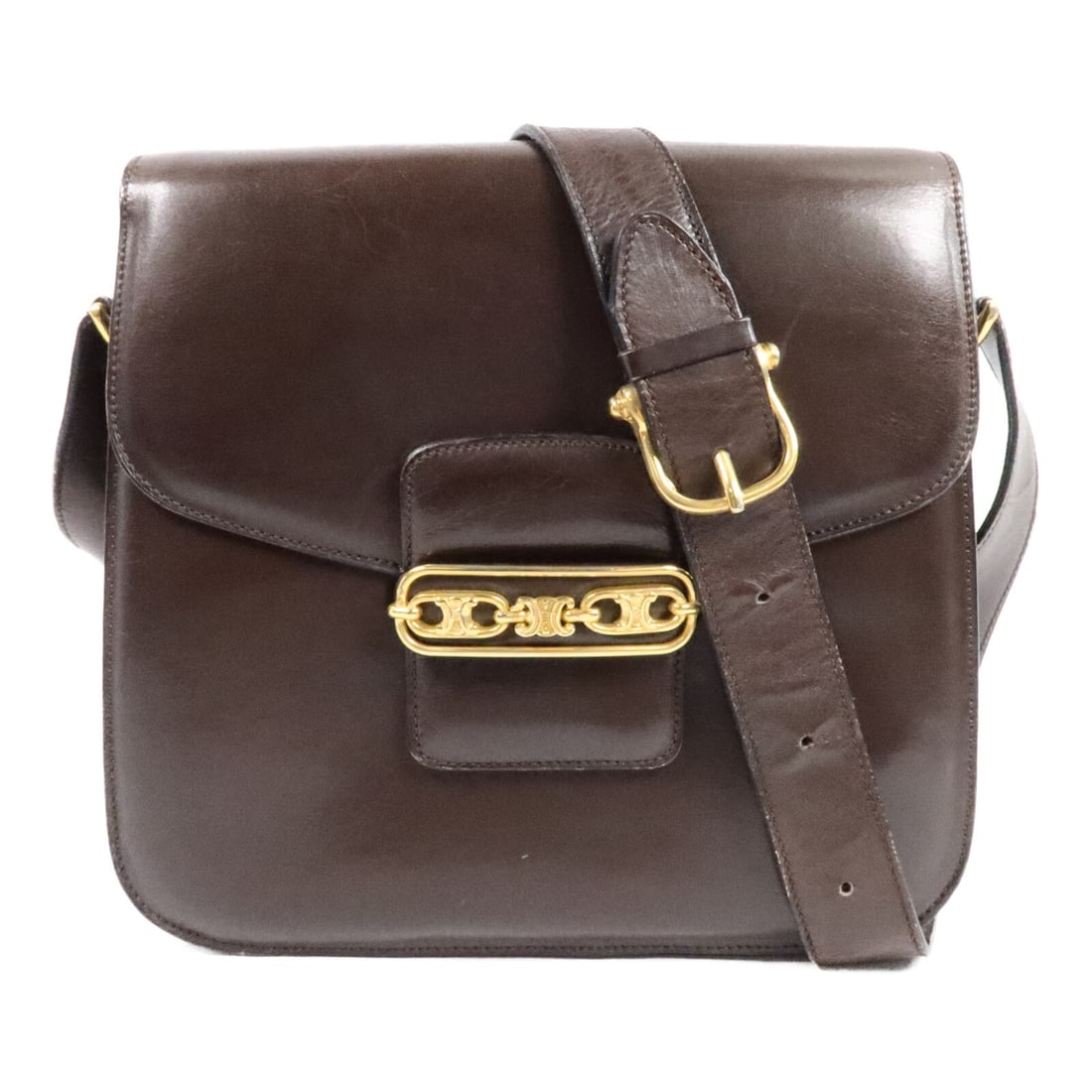 Brown Calfskin Shoulder Bag with GHW by CELINE Vintage: Brown Calfskin Shoulder Bag with GHW by CELINE Vintage Vintage CELINE shoulder bag in brown calfskin leather. It features a shoulder strap, two inside open pockets, one inside zip pocket, and comes wi