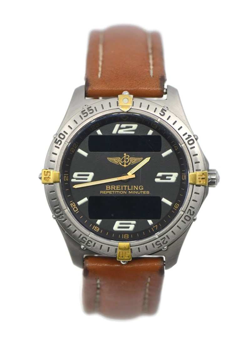 Breitling Aerospace F65362 Men's Titanium Quartz Wristwatch: Breitling Aerospace F65362 Men's Titanium Quartz Wristwatch Pre-owned Breitling Aerospace wristwatch featuring a titanium case, black dial, and analog-digital display. This men's quartz watch is fitte