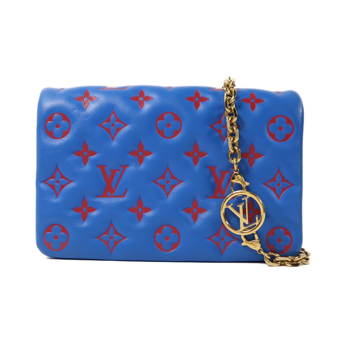 Louis Vuitton Pochette Coussin M80743 Shoulder Bag Blue Lambskin Monogram Embossed: Louis Vuitton Pochette Coussin M80743 Shoulder Bag Blue Lambskin Monogram Embossed Louis Vuitton Pochette Coussin shoulder bag, model M80743, in blue and red monogram embossed lambskin. It features a 