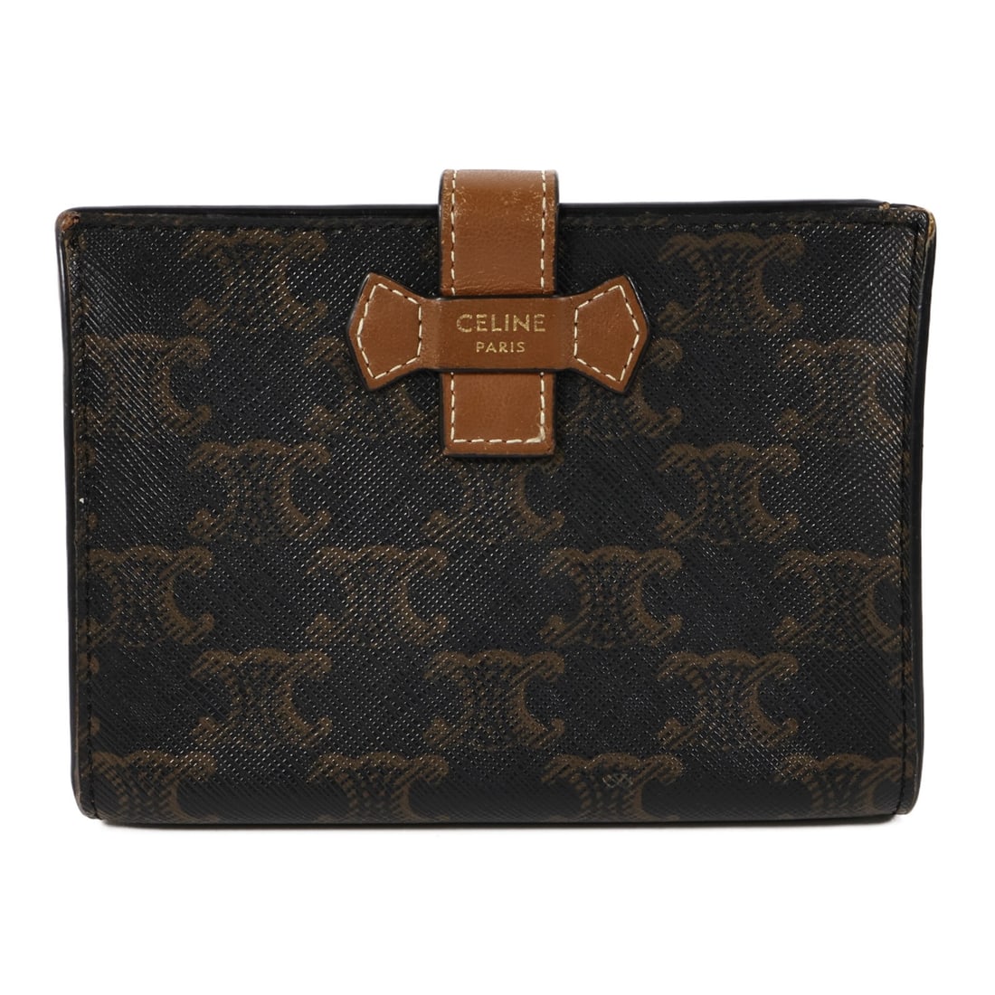 CELINE Triomphe Bi Fold Wallet Brown Canvas: CELINE Triomphe Bi Fold Wallet Brown Canvas A CELINE bi-fold wallet in brown canvas, designed for women. It features the Triomphe design and a hook button closure, with space for 9 cards and 1 coin ca