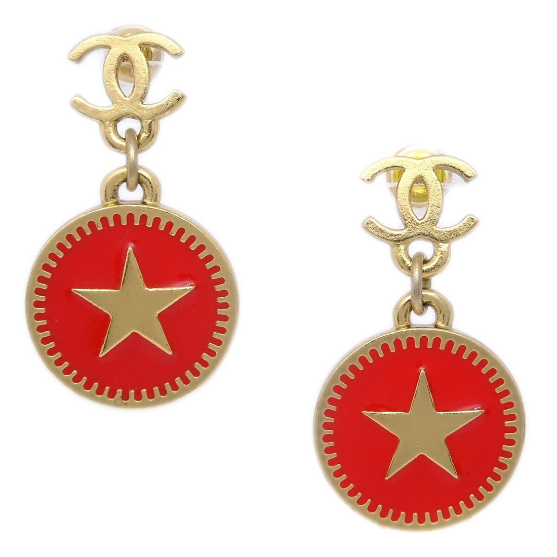 Chanel 01P Red Gold Plated Star Dangle Earrings: Chanel 01P Red Gold Plated Star Dangle Earrings Pair of Chanel dangle pierced earrings featuring red round accents with a star motif and gold plated metal. Marked 01P, these earrings are made in Franc