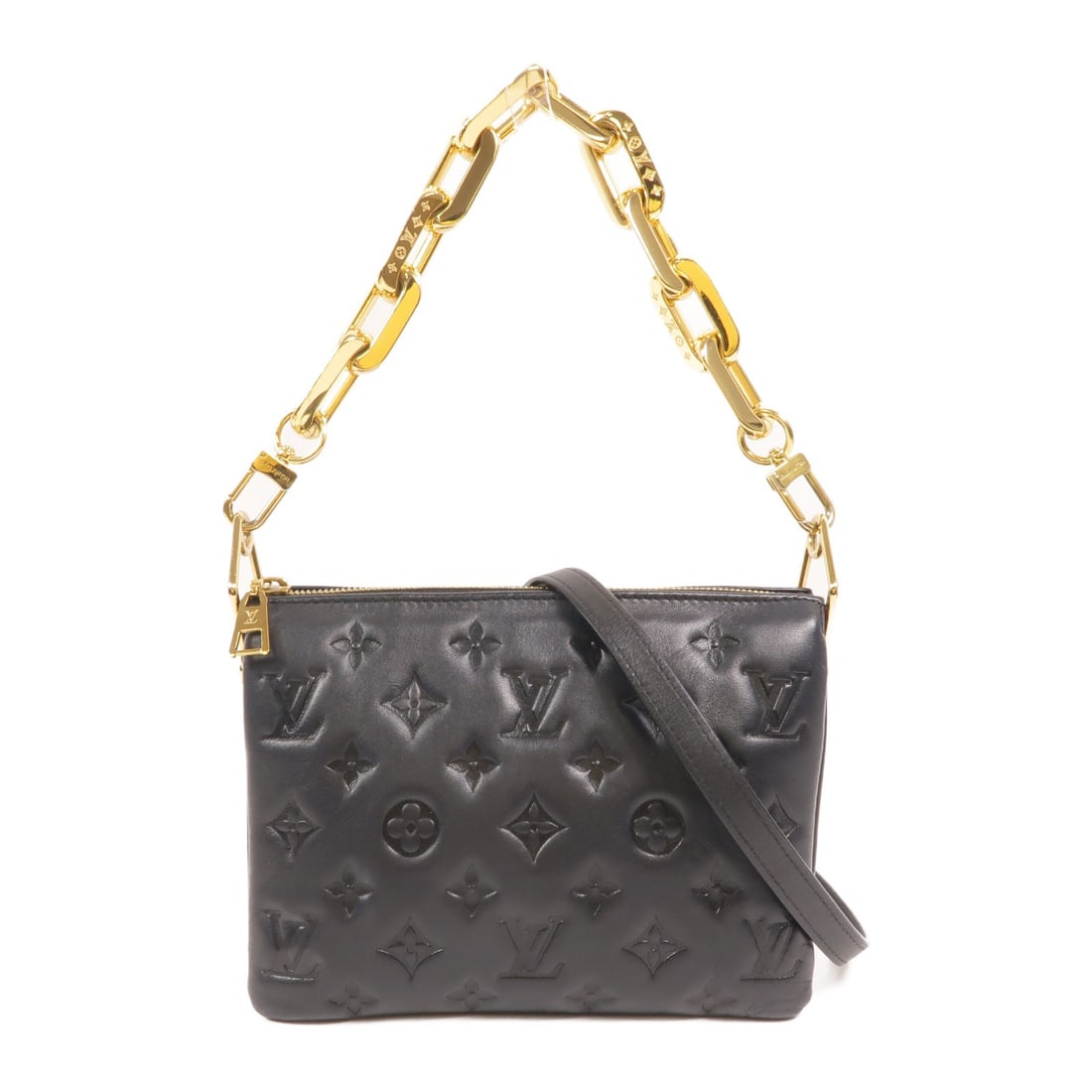 Louis Vuitton Coussin BB M21259 black lambskin 2way shoulder bag: Louis Vuitton Coussin BB M21259 black lambskin 2way shoulder bag The Coussin BB 2way shoulder bag is presented in black with monogram emboss and lambskin (sheep leather). It features a shoulder strap,