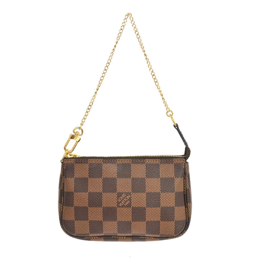 Louis Vuitton Mini Pochette Accessoires Damier Ebene Brown Handbag N58009: Louis Vuitton Mini Pochette Accessoires Damier Ebene Brown Handbag N58009 Vintage Louis Vuitton Mini Pochette Accessoires in Damier Ebene with a brown check pattern. This compact handbag features a zi