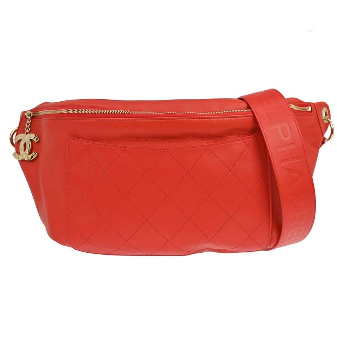 CHANEL Pharrell Williams Bum Bag Red Lambskin 2way Quilted: CHANEL Pharrell Williams Bum Bag Red Lambskin 2way Quilted Chanel x Pharrell Williams 2way waist bag in red lambskin with a matelasse quilted design. It features a zip closure, adjustable strap, inner