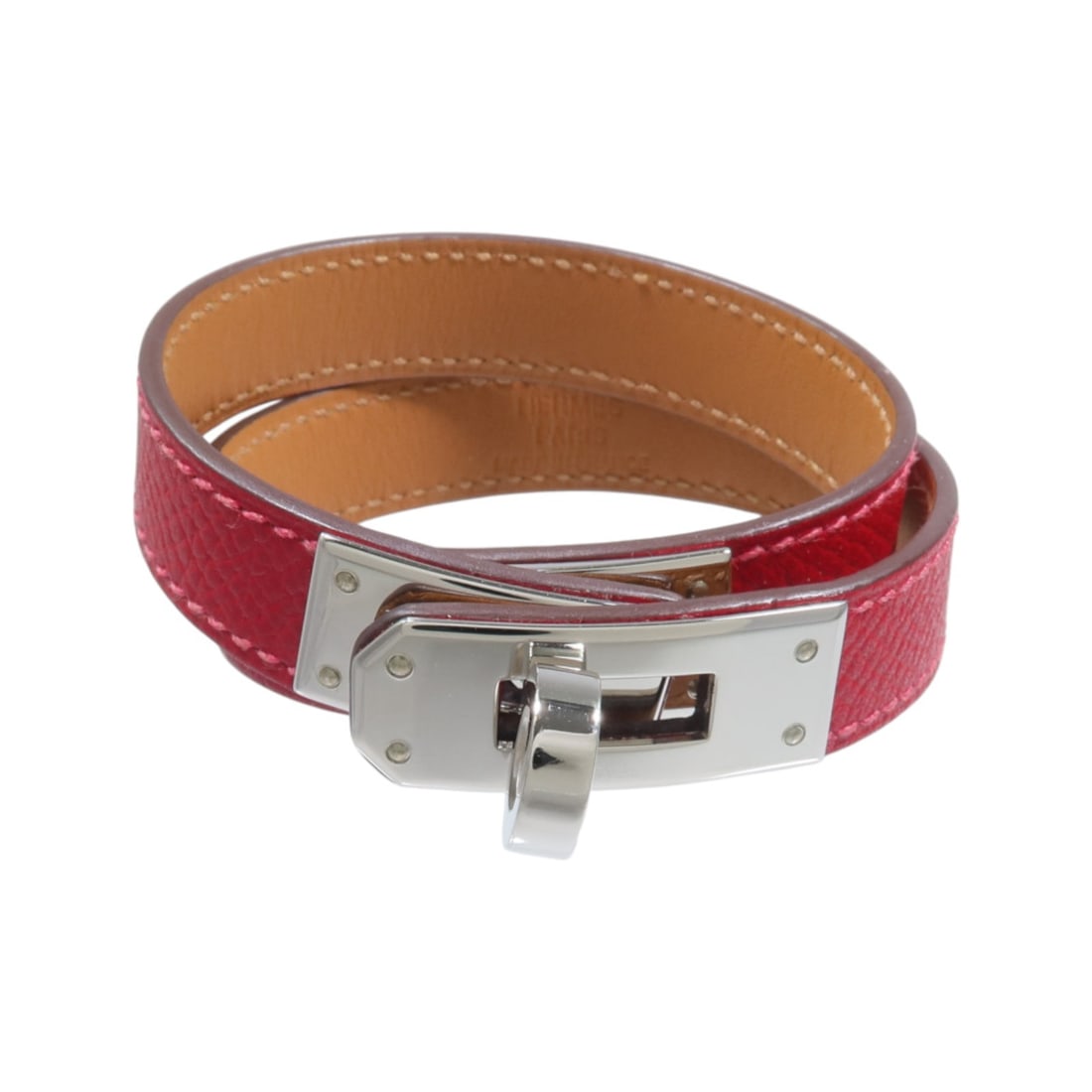 Hermes Kelly Double Tour bracelet red calfskin metal: Hermes Kelly Double Tour bracelet red calfskin metal Hermes Kelly Double Tour Bracelet in red Rouge Epsom leather with metal accents. The bracelet features a double tour design and is presented in Ver