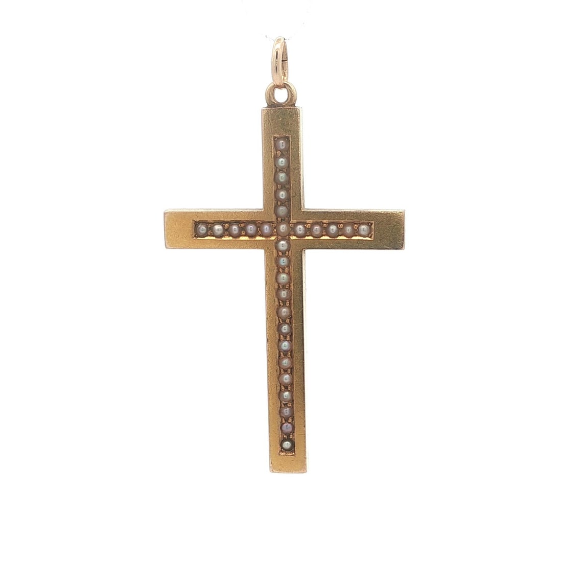 Victorian Era 14k Gold Pendant with Natural Seed Pearls Cross Design: Victorian Era 14k Gold Pendant with Natural Seed Pearls Cross Design This antique Victorian pendant features a squared cross design crafted from solid 14k yellow gold with a gold wash. The pendant is 