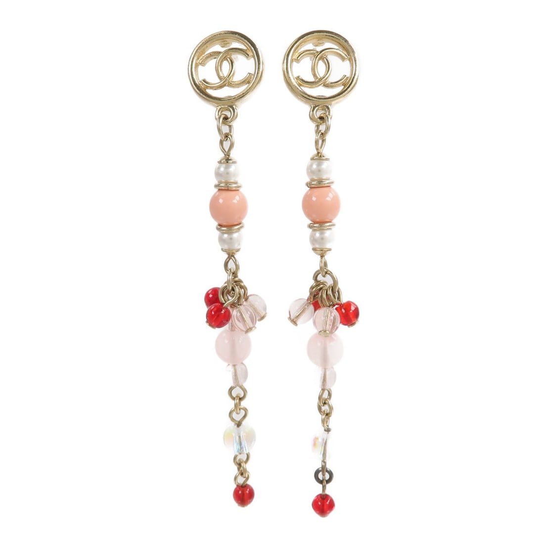 CHANEL CC PVC Metal Earrings Gold Red Pink: CHANEL CC PVC Metal Earrings Gold Red Pink CHANEL CC earrings in PVC and metal, finished in gold with pink and red accents. The item is listed in very good AB condition and comes with no accessories. 