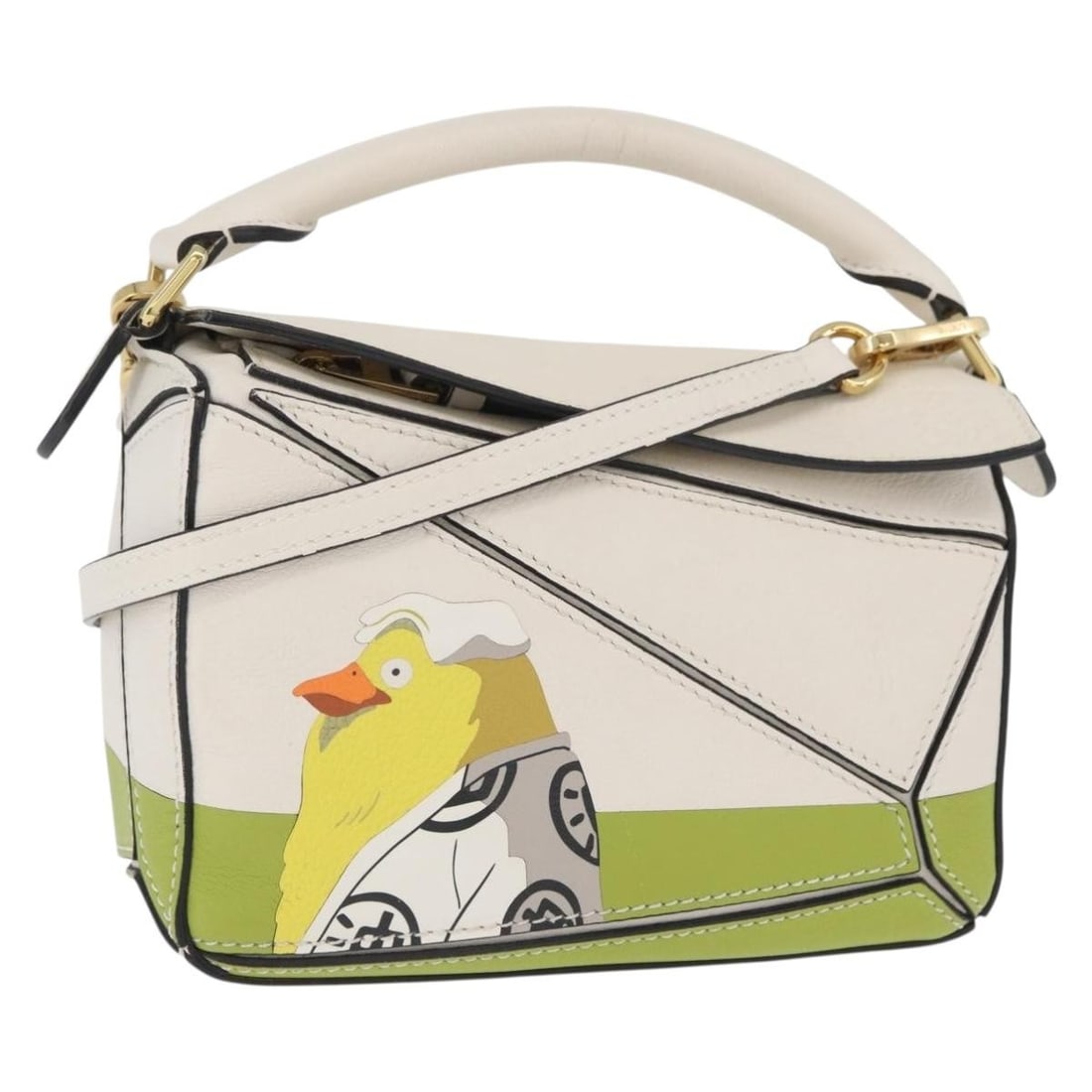 Mini Spirited Away Puzzle Handbag by Loewe x Ghibli with Ootori Sama Motif: Mini Spirited Away Puzzle Handbag by Loewe x Ghibli with Ootori Sama Motif This is a LOEWE x Ghibli Spirited Away Mini Puzzle Bag featuring the Ootori Sama design. Crafted from leather in green and wh