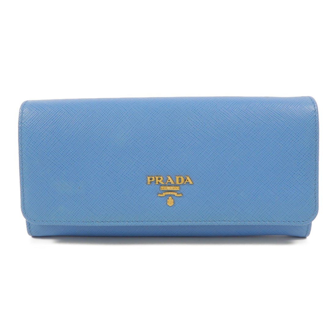 PRADA 1MH132 Blue Calfskin Long Wallet: PRADA 1MH132 Blue Calfskin Long Wallet A PRADA long wallet in blue calfskin leather, model 1MH132. It features a hook button closure and a practical interior layout with five open pockets, 12 card slo