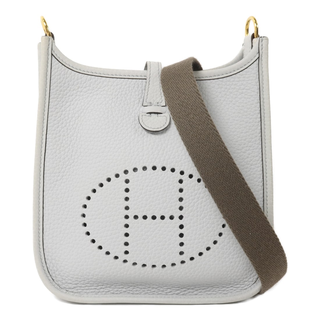 Hermes Evelyne TPM Taurillon Clemence Shoulder Bag Bleu Pale: Hermes Evelyne TPM Taurillon Clemence Shoulder Bag Bleu Pale Hermes Evelyne TPM shoulder bag in Taurillon Clemence leather and calfskin (cowhide) in Bleu Pale. It features a shoulder strap, hook butto