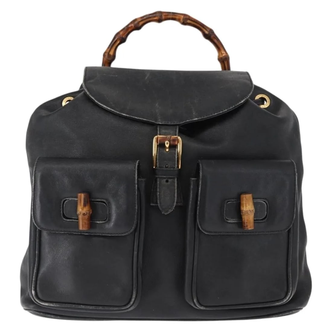 Gucci Vintage Bamboo black leather backpack: Gucci Vintage Bamboo black leather backpack This vintage Gucci Bamboo backpack in black leather is designed for women. It features a bamboo handle and shoulder straps, showing signs of wear including 