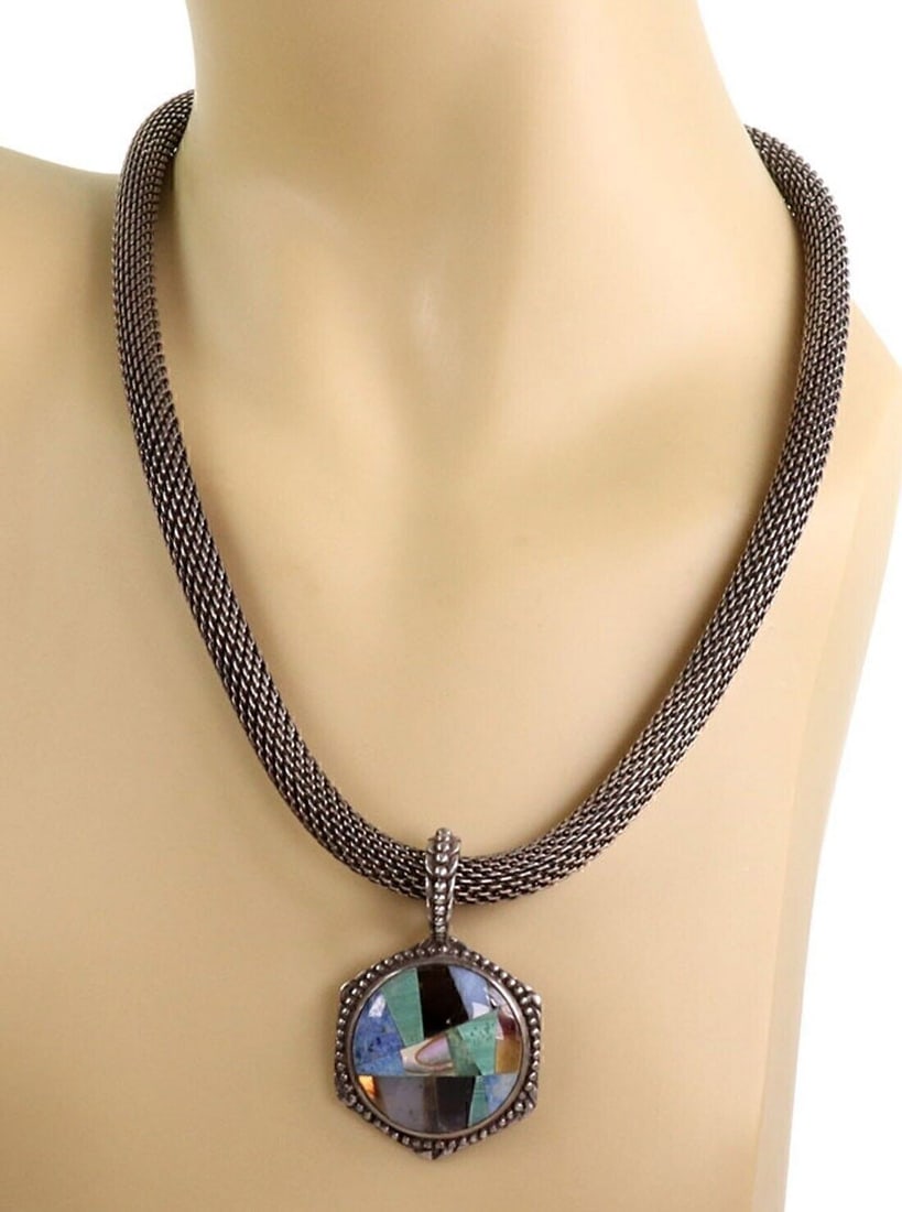 Stephen Dweck Sterling Silver Mesh Necklace with Multi Gem Pendant: Stephen Dweck Sterling Silver Mesh Necklace with Multi Gem Pendant This Stephen Dweck pendant necklace is crafted in sterling silver with a mesh chain and features a multi-gem inlaid pendant. The desi