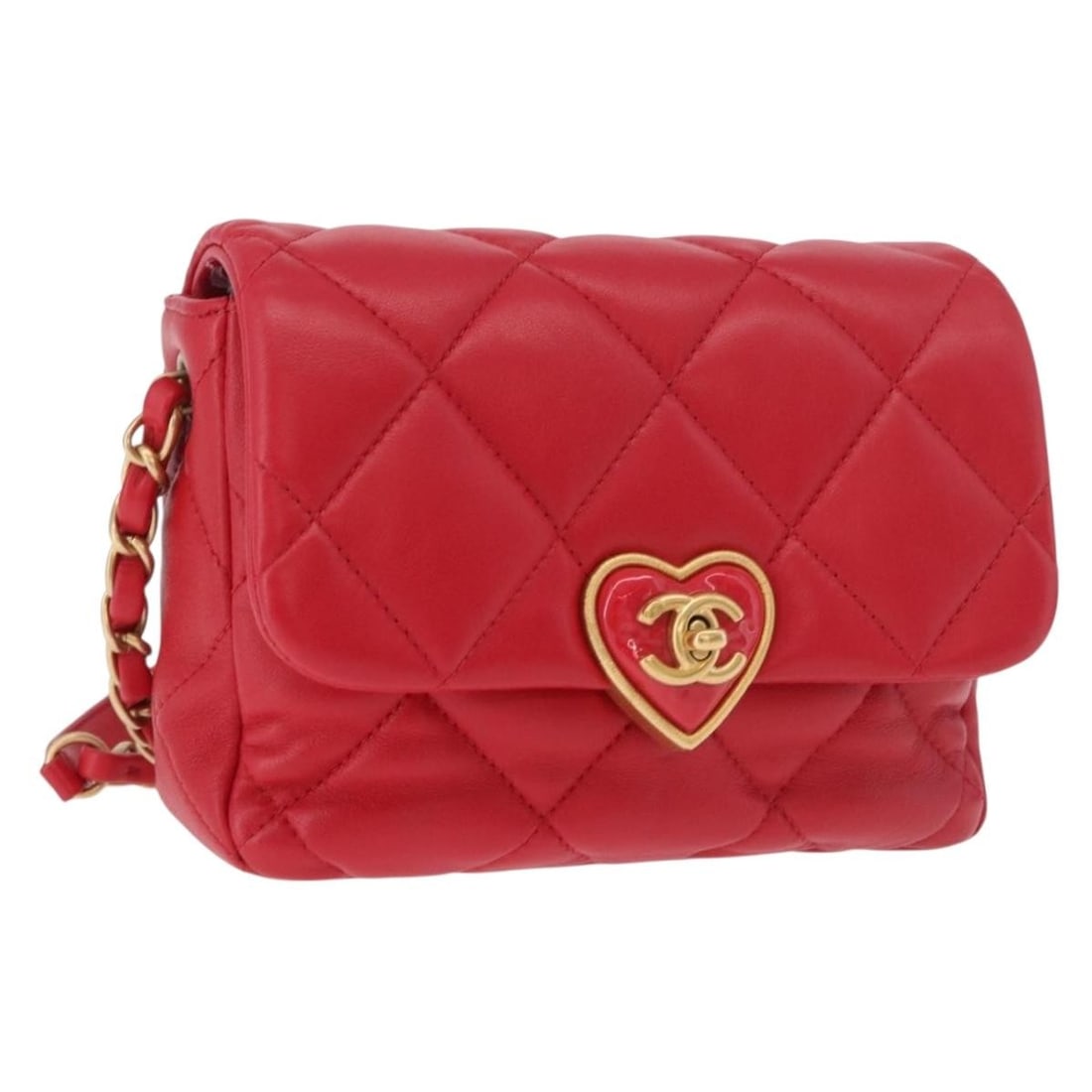 CHANEL Mini Matelasse Lamb Skin Shoulder Bag Red Gold CC: CHANEL Mini Matelasse Lamb Skin Shoulder Bag Red Gold CC CHANEL Mini Matelasse 17 chain shoulder bag in red lamb skin with gold-tone accents. This women's shoulder bag is made in Italy and includes a 