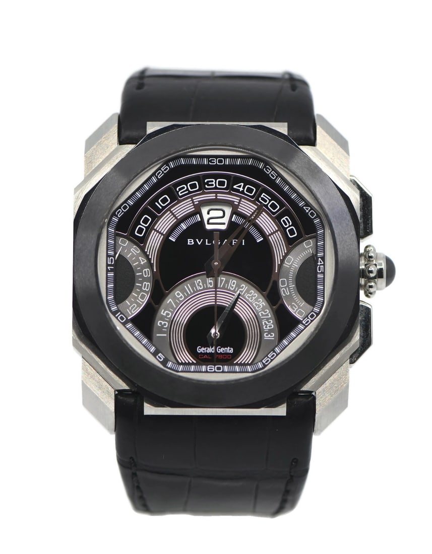 Bvlgari Gerald Genta Octo 101882 men's automatic steel wristwatch: Bvlgari Gerald Genta Octo 101882 men's automatic steel wristwatch Bvlgari Gerald Genta Octo stainless steel wristwatch, reference 101882, with a silver case, black analog dial, and leather band. This 