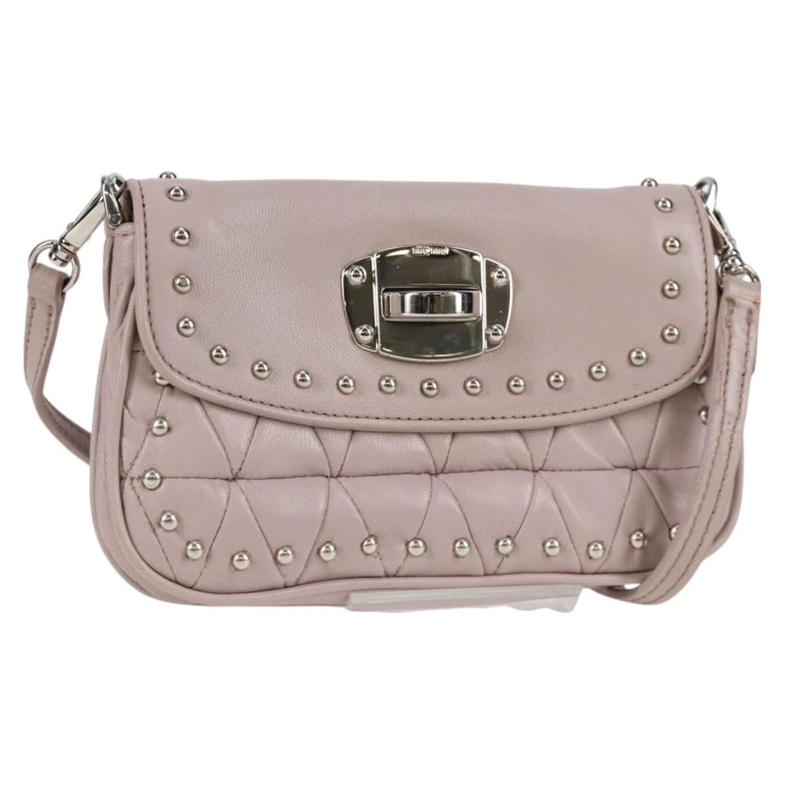 Miu Miu Pink Leather Shoulder Bag with Studs and Chain: Miu Miu Pink Leather Shoulder Bag with Studs and Chain Miu Miu shoulder bag in pink and silver leather, made in Turkey. It comes with the item box and has a compact silhouette with a shoulder strap dr