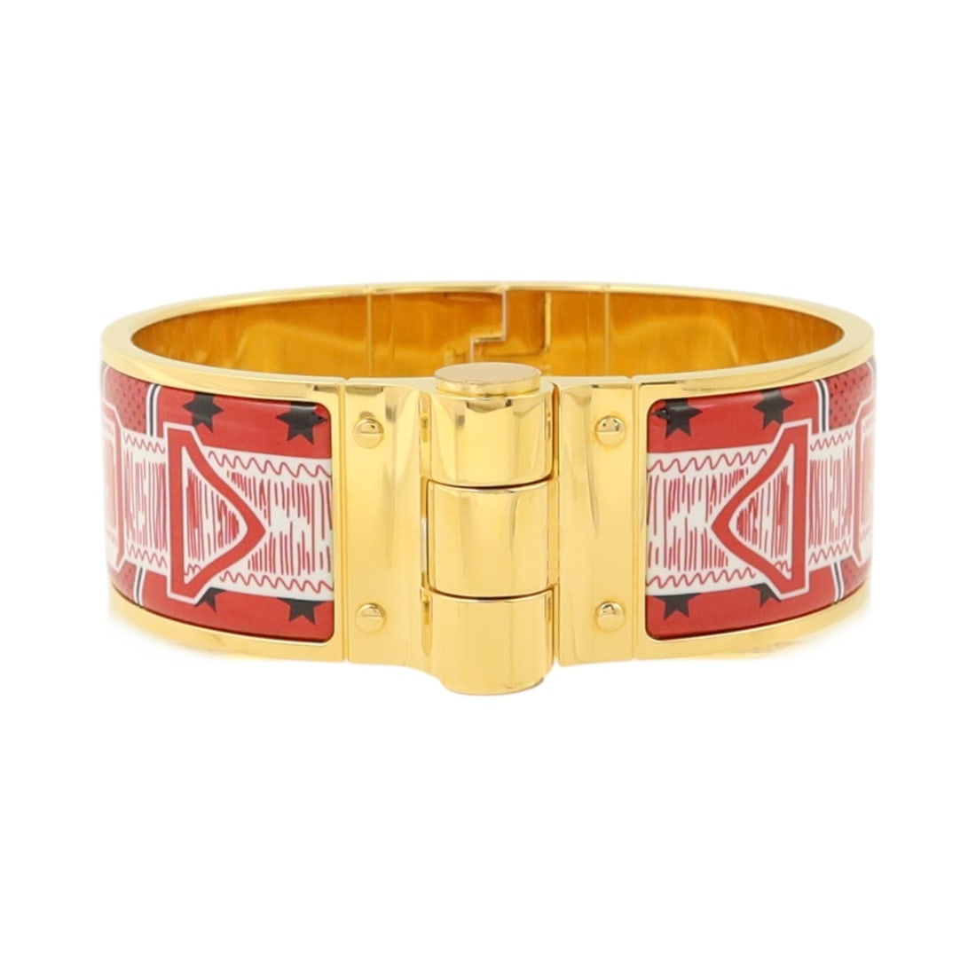 Hermes Charniere Wide Enamel Bangle Red Gold Tone Metal: Hermes Charniere Wide Enamel Bangle Red Gold Tone Metal A Hermes Charniere wide bangle/bracelet in enamel and metal with a gold and red color combination. The piece is listed in very good AB condition