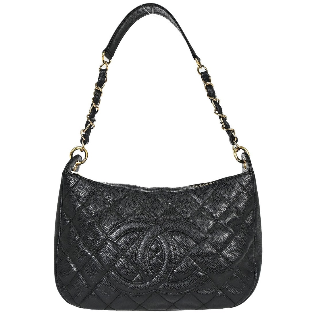 CHANEL Caviar Black Leather Hobo Bag Medium France: CHANEL Caviar Black Leather Hobo Bag Medium France Chanel black hobo handbag in caviar skin leather with a zip closure, logo accent, and canvas lining. This medium handbag features a top handle and in