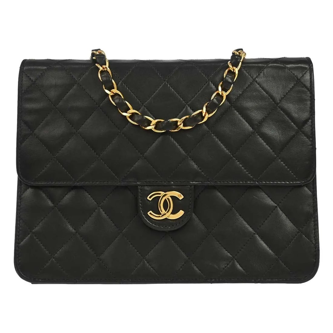 Chanel Vintage Classic Flap Black Leather Handbag 22cm: Chanel Vintage Classic Flap Black Leather Handbag 22cm A Chanel Vintage Classic Flap bag in black leather with a quilted lambskin finish. It is designed for women and measures 22 cm x 16 cm x 8 cm. Ma
