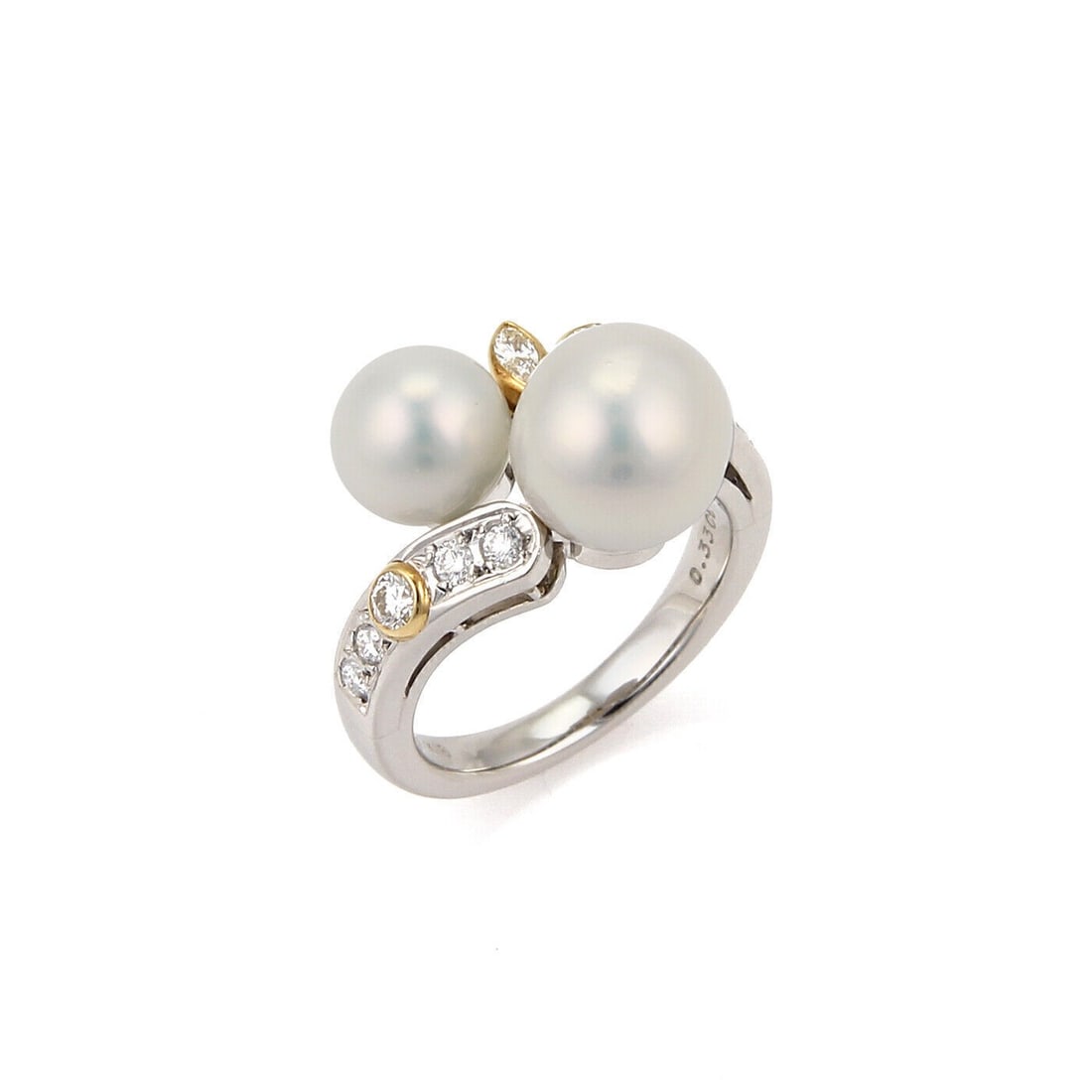Mikimoto Akoya Pearl Diamond Bypass Ring in Platinum and 18K Gold Size 5: Mikimoto Akoya Pearl Diamond Bypass Ring in Platinum and 18K Gold Size 5 A Mikimoto bypass ring crafted in platinum (Pt950) and 18k yellow gold (K18), featuring two Akoya pearls measuring 9mm and 7mm 