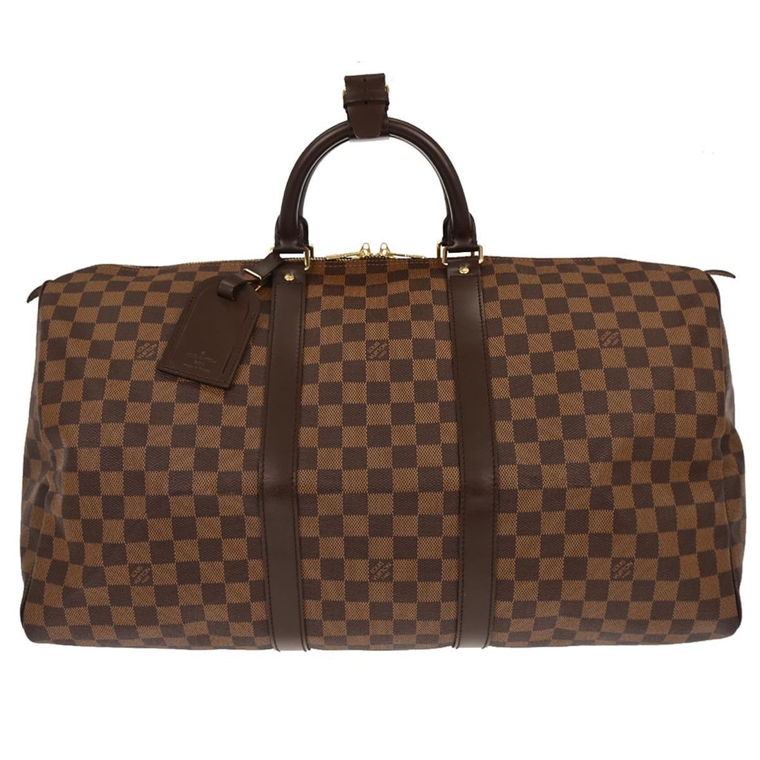 Louis Vuitton Keepall 50 Damier Brown Travel Duffle Bag N41427: Louis Vuitton Keepall 50 Damier Brown Travel Duffle Bag N41427 Louis Vuitton Keepall 50 travel duffle handbag in Damier canvas and leather, featuring a zip closure, double handles, and logo accents. I