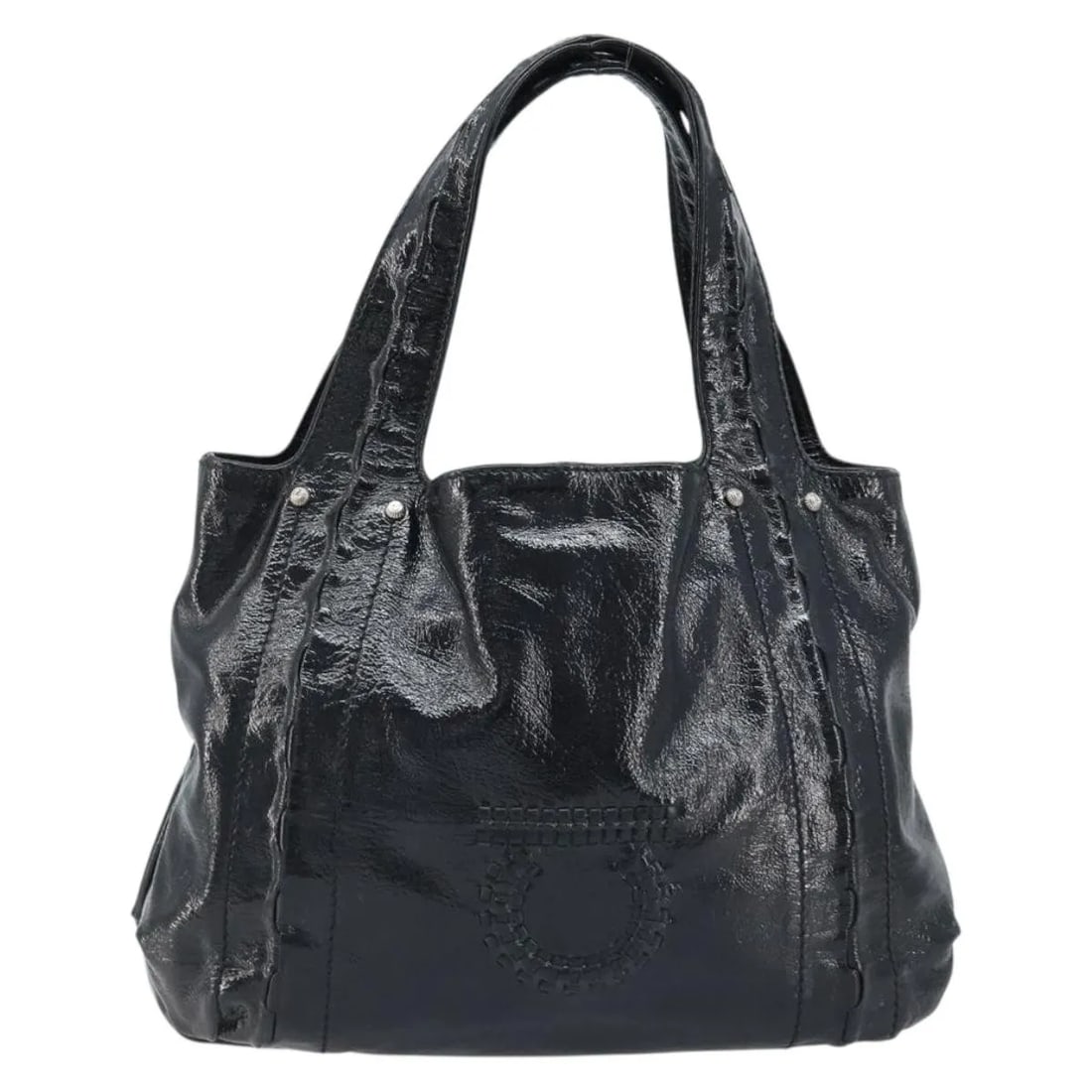Black Leather Tote Salvatore Ferragamo Gancini Handle: Black Leather Tote Salvatore Ferragamo Gancini Handle Salvatore Ferragamo Gancini Handle Tote in black leather. This women's bag is made in Italy and remains in good vintage condition with honest wear