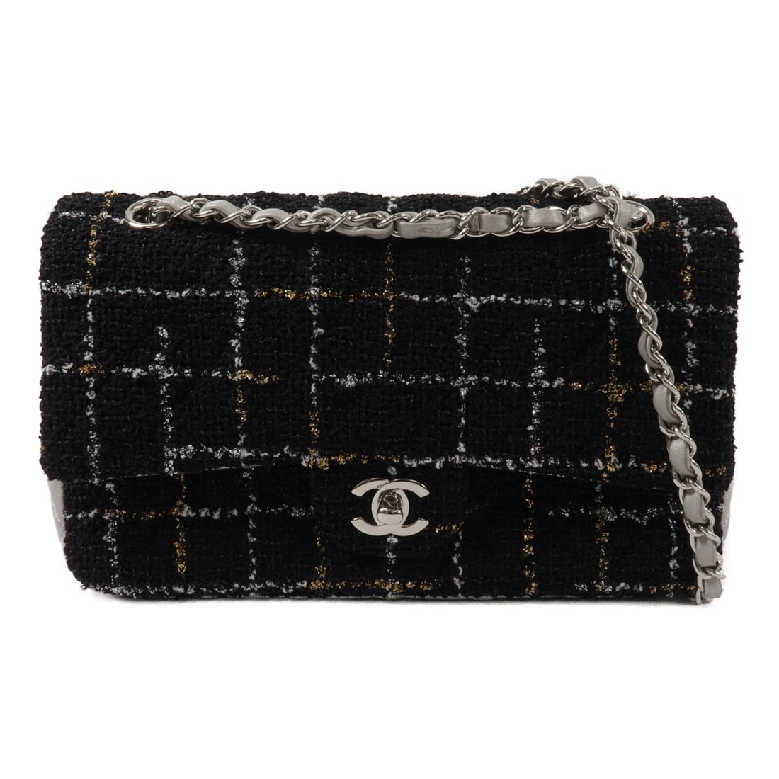 CHANEL Classic Flap Shoulder Bag Black Tweed and Calfskin SHW CC: CHANEL Classic Flap Shoulder Bag Black Tweed and Calfskin SHW CC A CHANEL Classic Flap chain shoulder bag in black calfskin leather and tweed, featuring the CC turn-lock closure and a shoulder strap w
