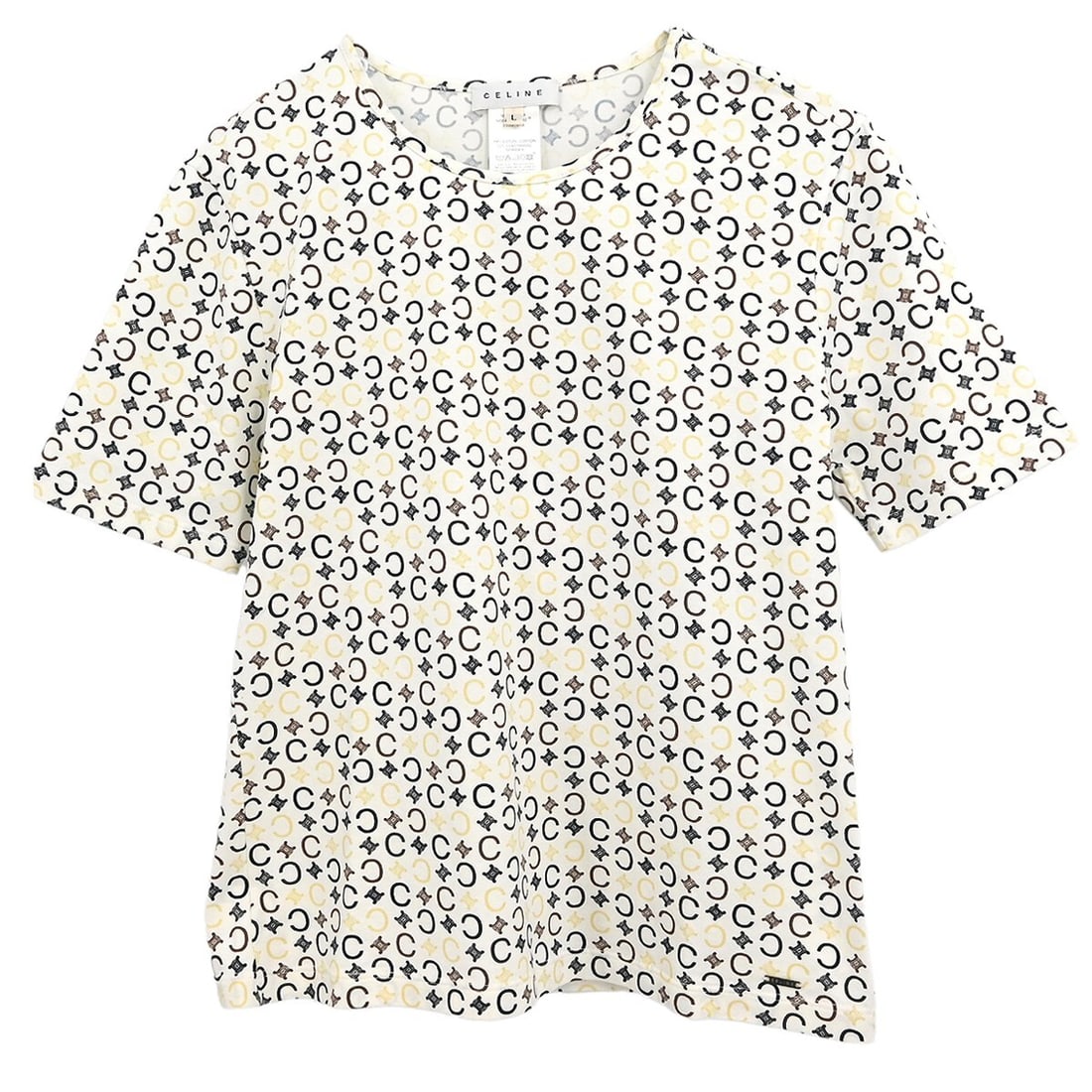 CELINE Macadam White Short Sleeve T Shirt Size L: CELINE Macadam White Short Sleeve T Shirt Size L Women's CELINE T-shirt in white, made in Italy. It features a regular fit, short sleeves, a round neck, and a basic casual style. The garment is descri