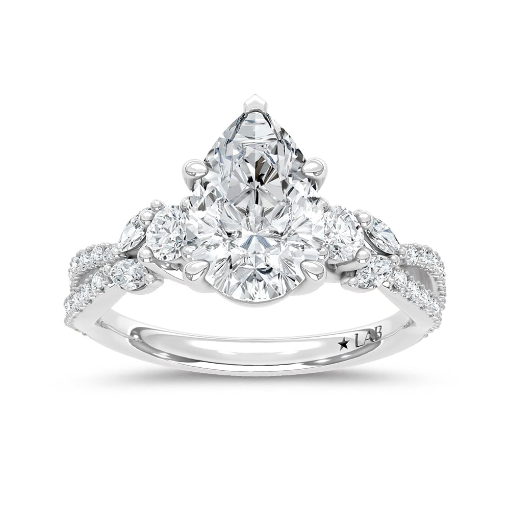 14K White Gold Lab Grown Diamond 2 1/2 Ct.Tw. Pear Shape Engagement Ring: 14K White Gold Lab Grown Diamond 2 1/2 Ct.Tw. Pear Shape Engagement Ring 14k White Gold Stone Color: D-f Stone Clarity: Vs Each ring is presented in standard size 6.5. Complimentary resizing is availa