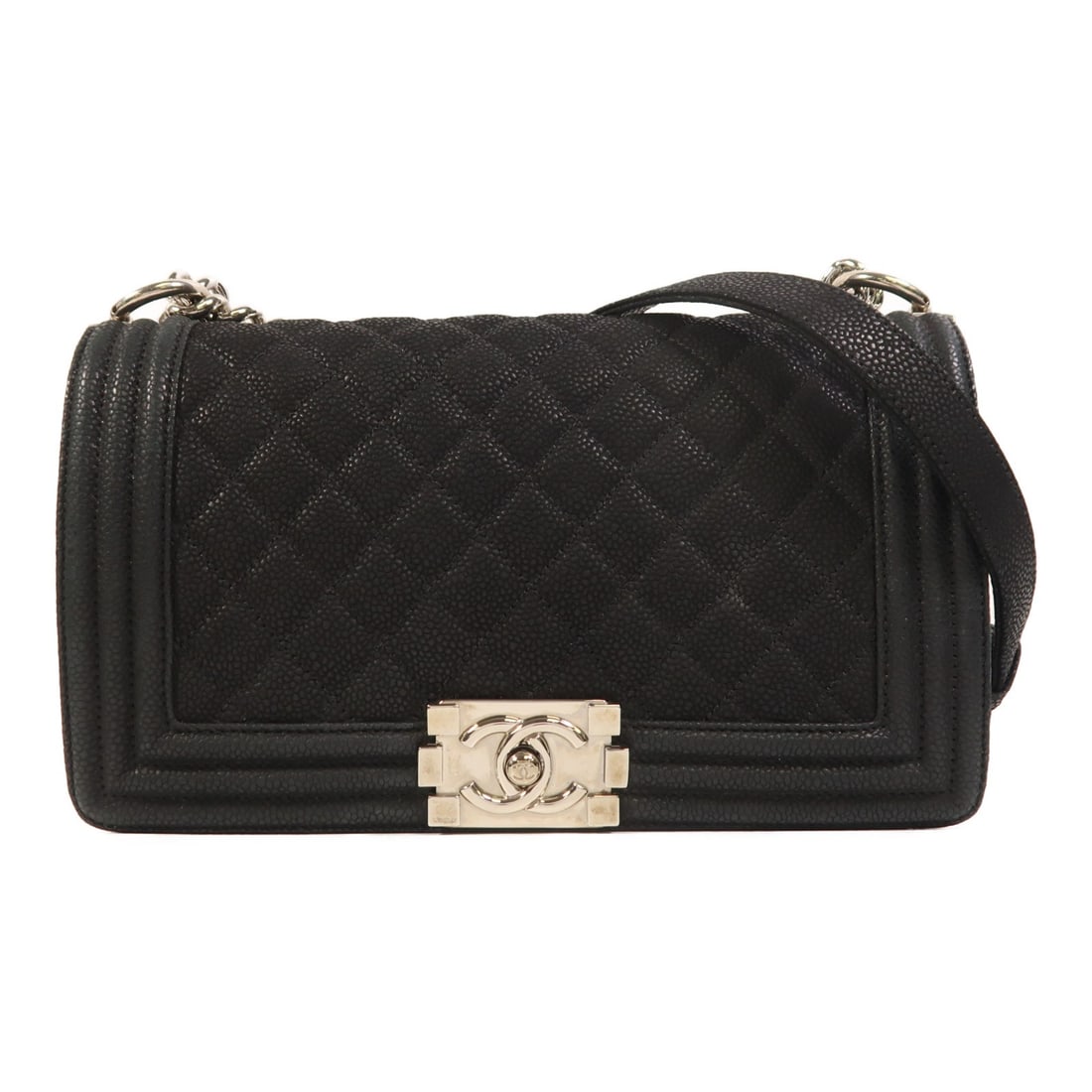 Chanel Boy 25 Black Calfskin Chain Shoulder Bag SHW CC: Chanel Boy 25 Black Calfskin Chain Shoulder Bag SHW CC A CHANEL Boy 25 chain shoulder bag in black calfskin leather with silver-tone hardware. It features a flap pocket and an open inside pocket, and 