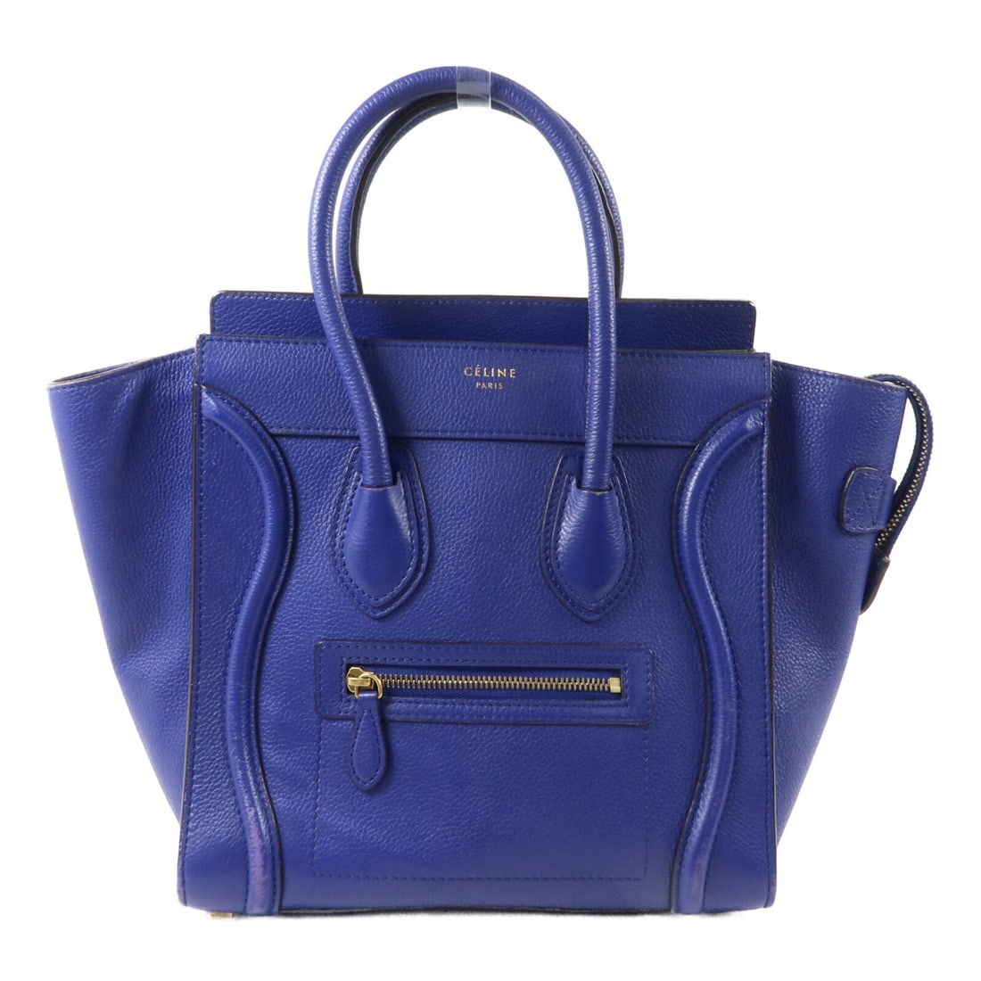 CELINE Micro Luggage Blue Calfskin Leather Handbag: CELINE Micro Luggage Blue Calfskin Leather Handbag A CELINE Micro Luggage hand bag in blue calfskin leather. The bag features a reasonable wear and tear condition rating and comes with no accessories.
