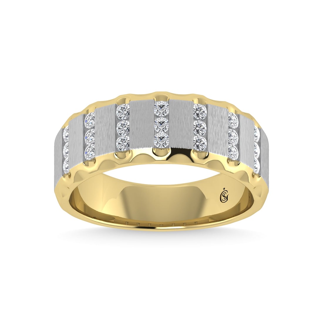 14K Two Tone Diamond 1/2 Ct.Tw. Mens Machine Fusion Band: 14K Two Tone Diamond 1/2 Ct.Tw. Mens Machine Fusion Band 14k Two Tone Stone Color: G-h Stone Clarity: I1-i2 Each ring is presented in standard size 6.5. Complimentary resizing is available between siz